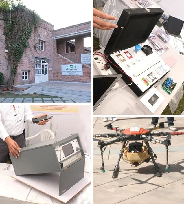 Collage showing a drone and product exhibits from an innovation showcase