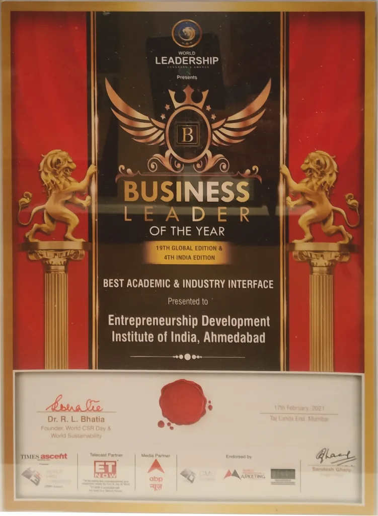 Business leader of the Year Award for Best Academic & Industry Interface 2021 by World Leadership Congress and Awards