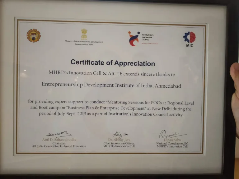 Certificate of Appreciation by MHRD's Innovation Cell & AICTE, 2019