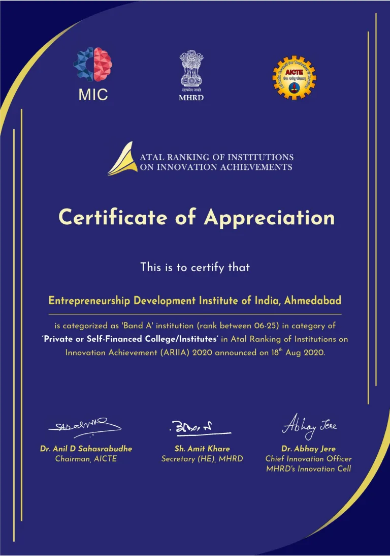 EDII ranked among top 25 in the Self Finance Institute category by Atal Ranking of Institutions on Innovation Achievements (ARIIA-2020)